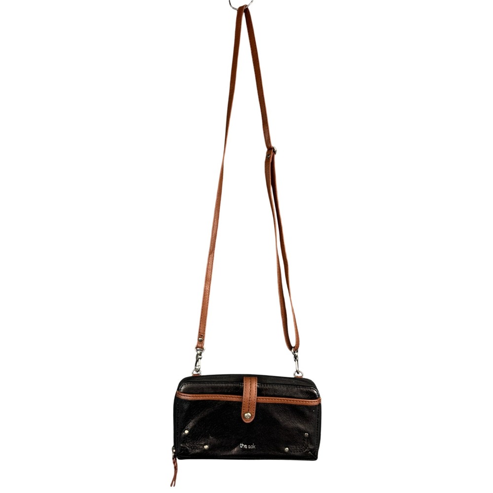 The Sak Iris Large Smartphone Crossbody Wallet Black Leather Brown Trim